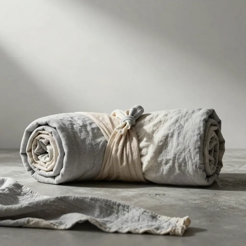 Cloud muslin swaddle set arcing over a pale concrete floor with ash-grey linen and soft haze.