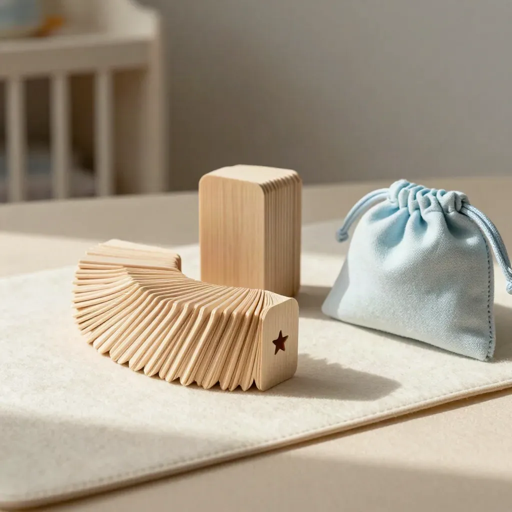 Wooden milestone cards fan open on cream felt beside a cotton pouch and tiny star cutout.