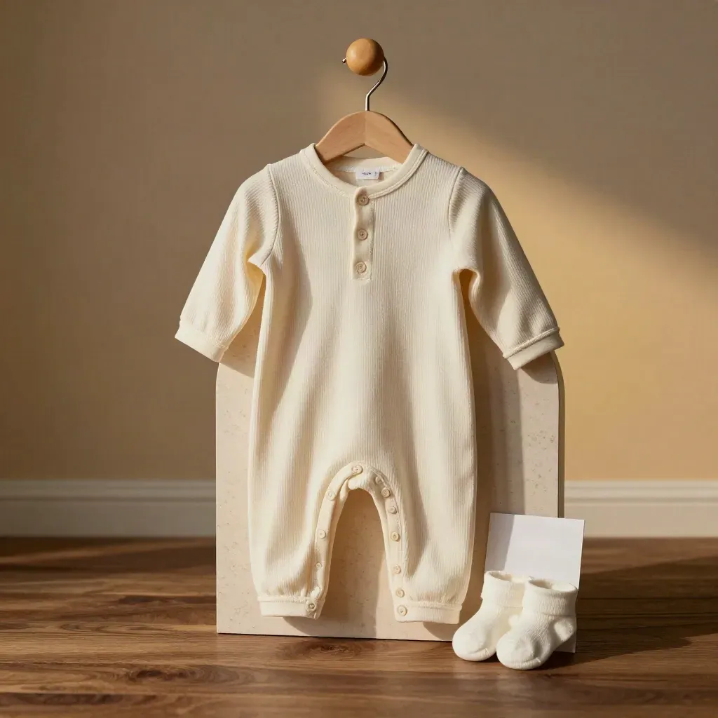 Cream ribbed baby romper hanging over an arch plinth with socks and a wooden clip.