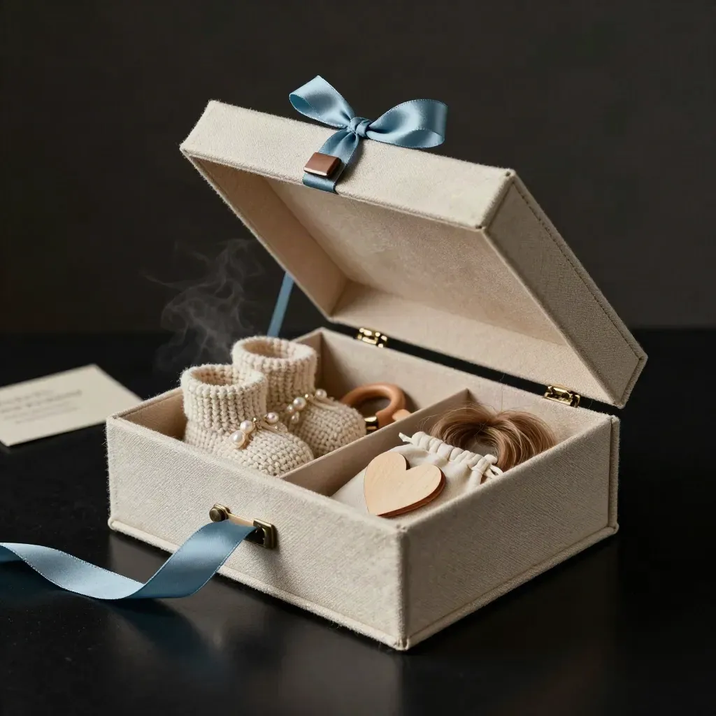 Open keepsake baby box with tiny mementos on a dark studio plinth, lit dramatically.