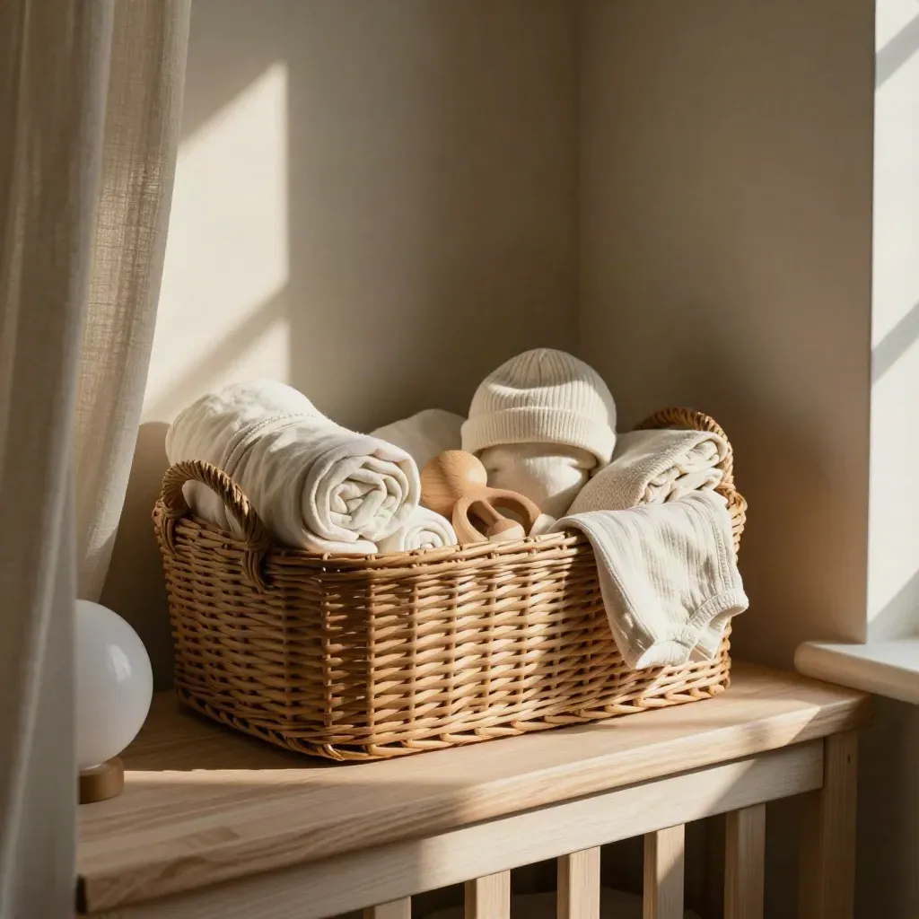 Sunlit nursery alcove with a woven baby gift basket, swaddles, onesie, and a soft globe lamp.